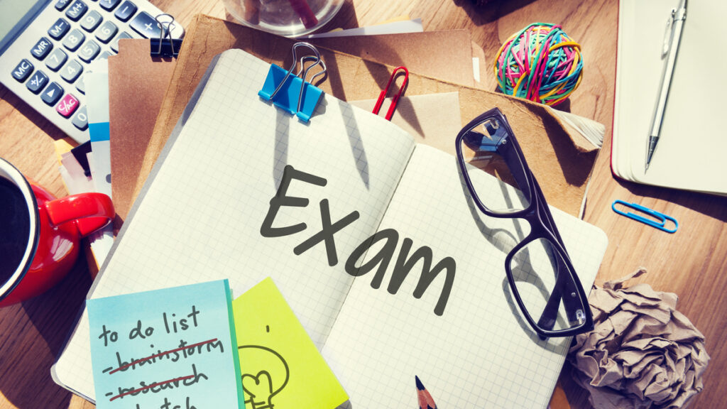 final exam results test reading books words concept